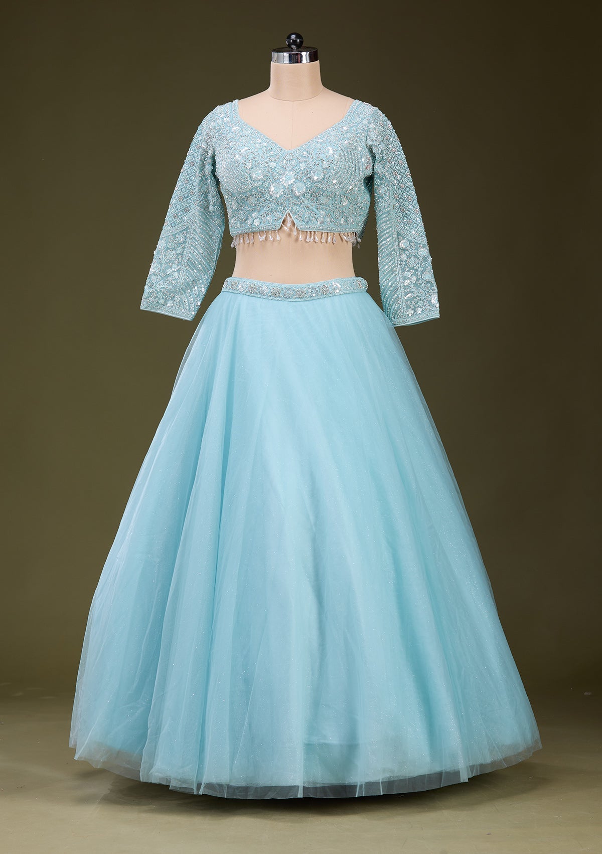 Sky Blue Silver Zariwork Net Readymade Lehenga_Koskii