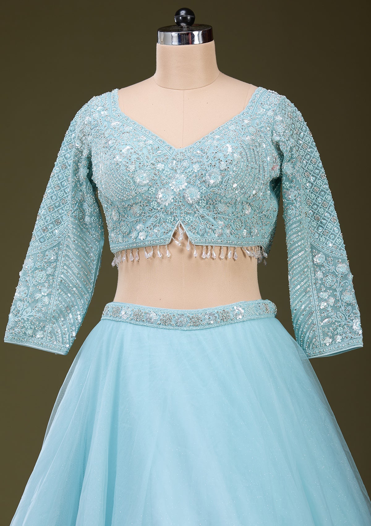Sky Blue Silver Zariwork Net Readymade Lehenga_Koskii