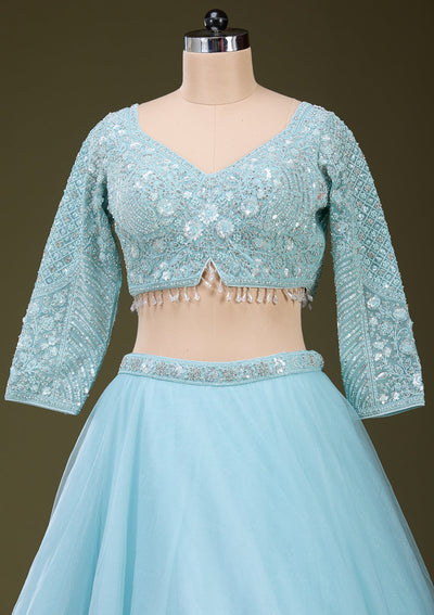 Sky Blue Silver Zariwork Net Readymade Lehenga_Koskii