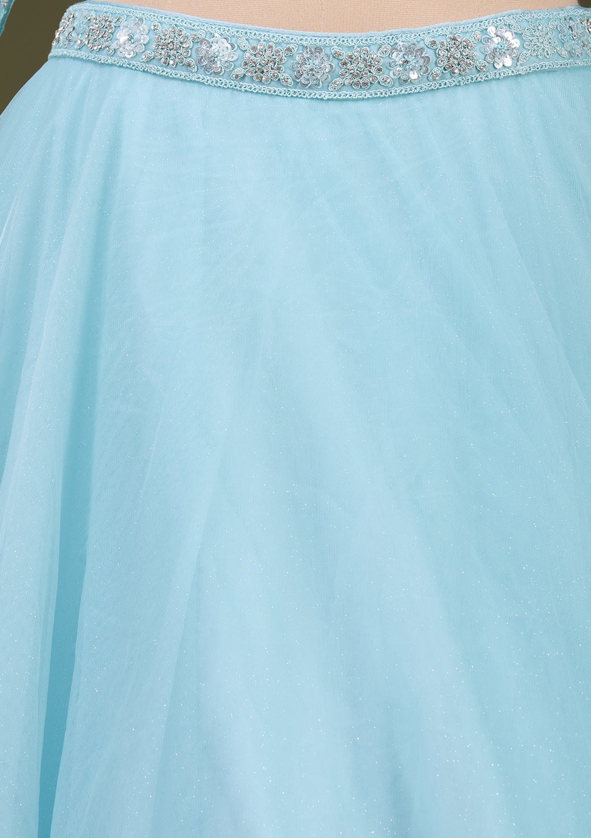 Sky Blue Silver Zariwork Net Readymade Lehenga_Koskii