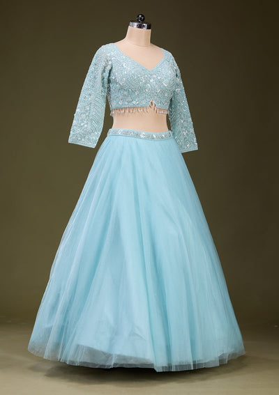 Sky Blue Silver Zariwork Net Readymade Lehenga_Koskii