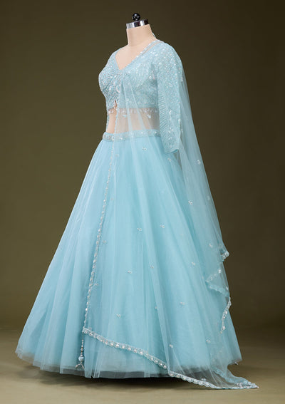 Sky Blue Silver Zariwork Net Readymade Lehenga_Koskii