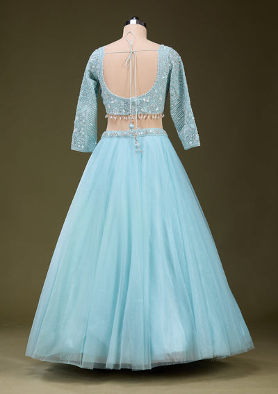 Sky Blue Silver Zariwork Net Readymade Lehenga_Koskii
