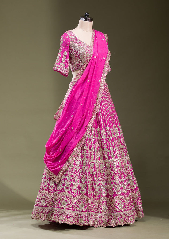 Rani Pink Zariwork Semi Crepe Readymade Lehenga-koskii