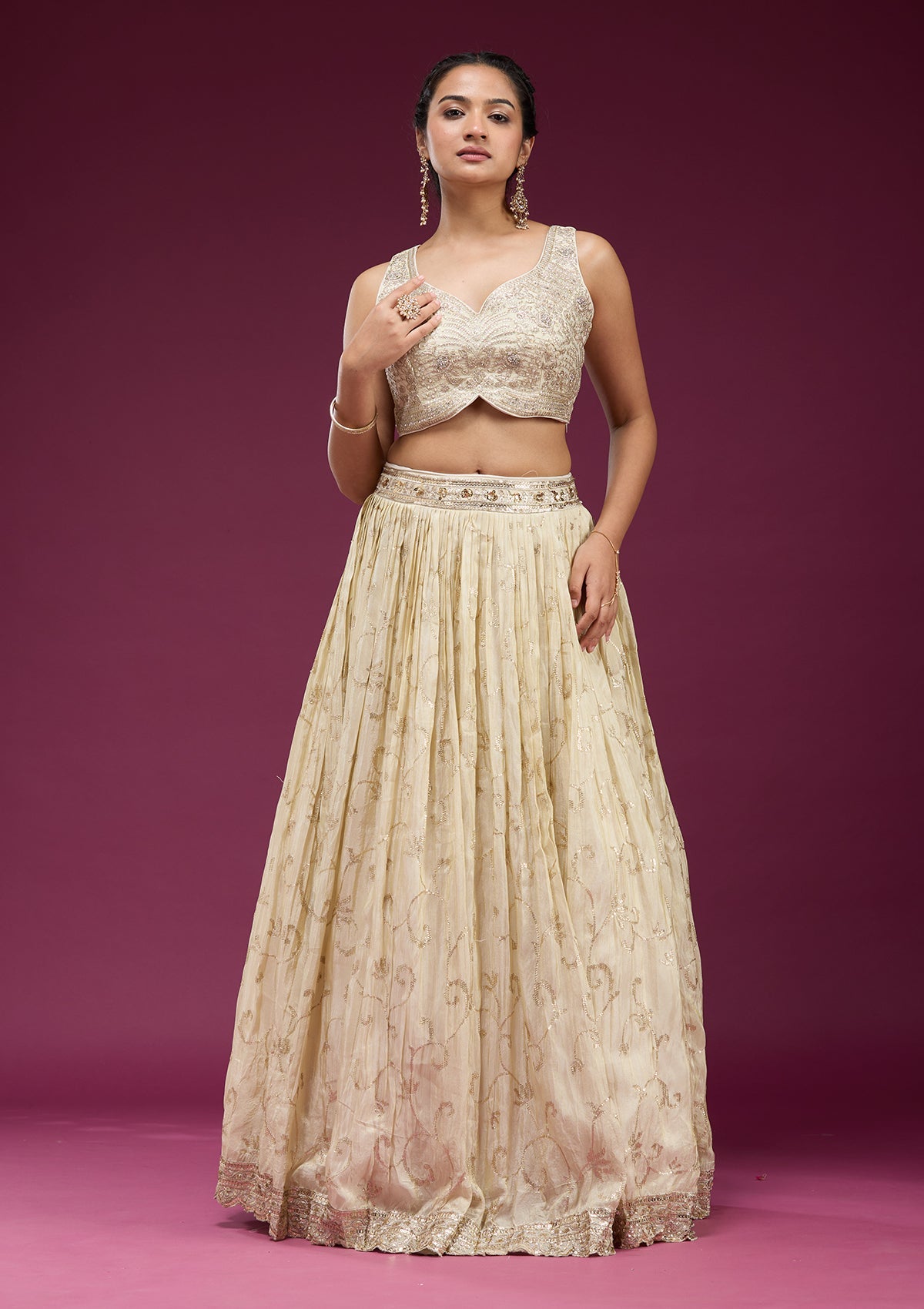 Cream Zariwork Semi Crepe Readymade Lehenga-koskii