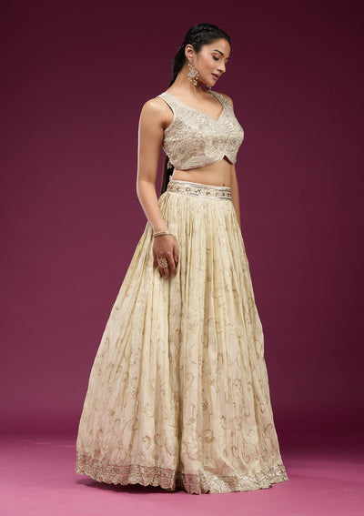 Cream Zariwork Semi Crepe Readymade Lehenga-koskii