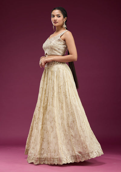 Cream Zariwork Semi Crepe Readymade Lehenga-koskii