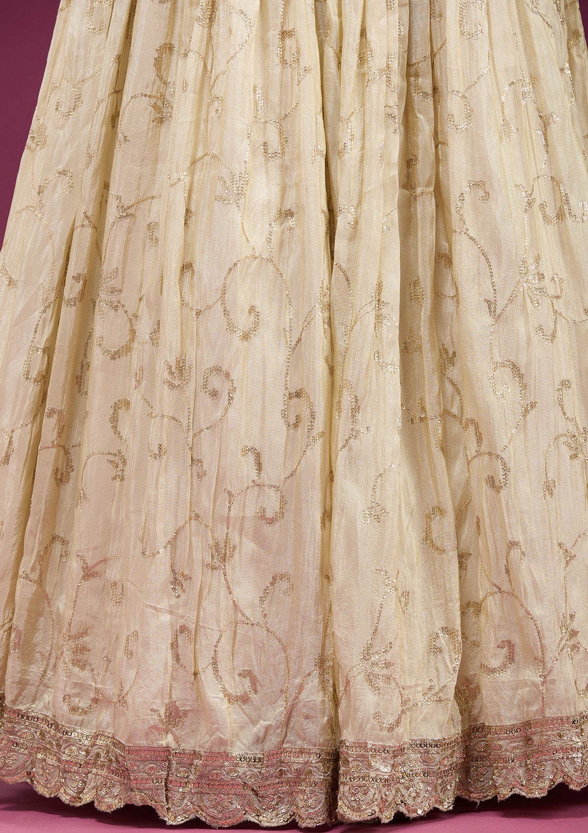 Cream Zariwork Semi Crepe Readymade Lehenga-koskii
