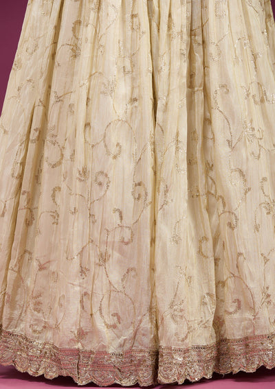 Cream Zariwork Semi Crepe Readymade Lehenga-koskii