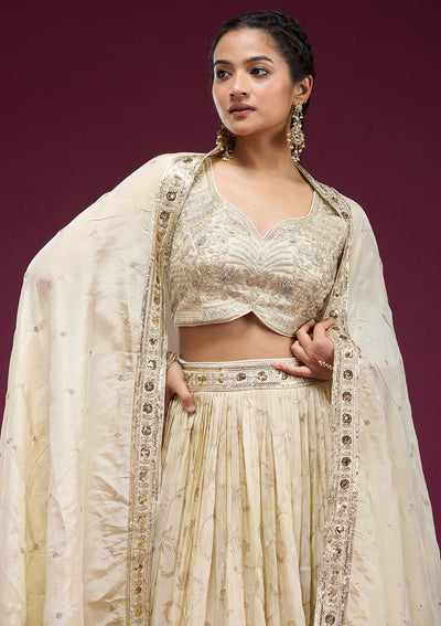 Cream Zariwork Semi Crepe Readymade Lehenga-koskii