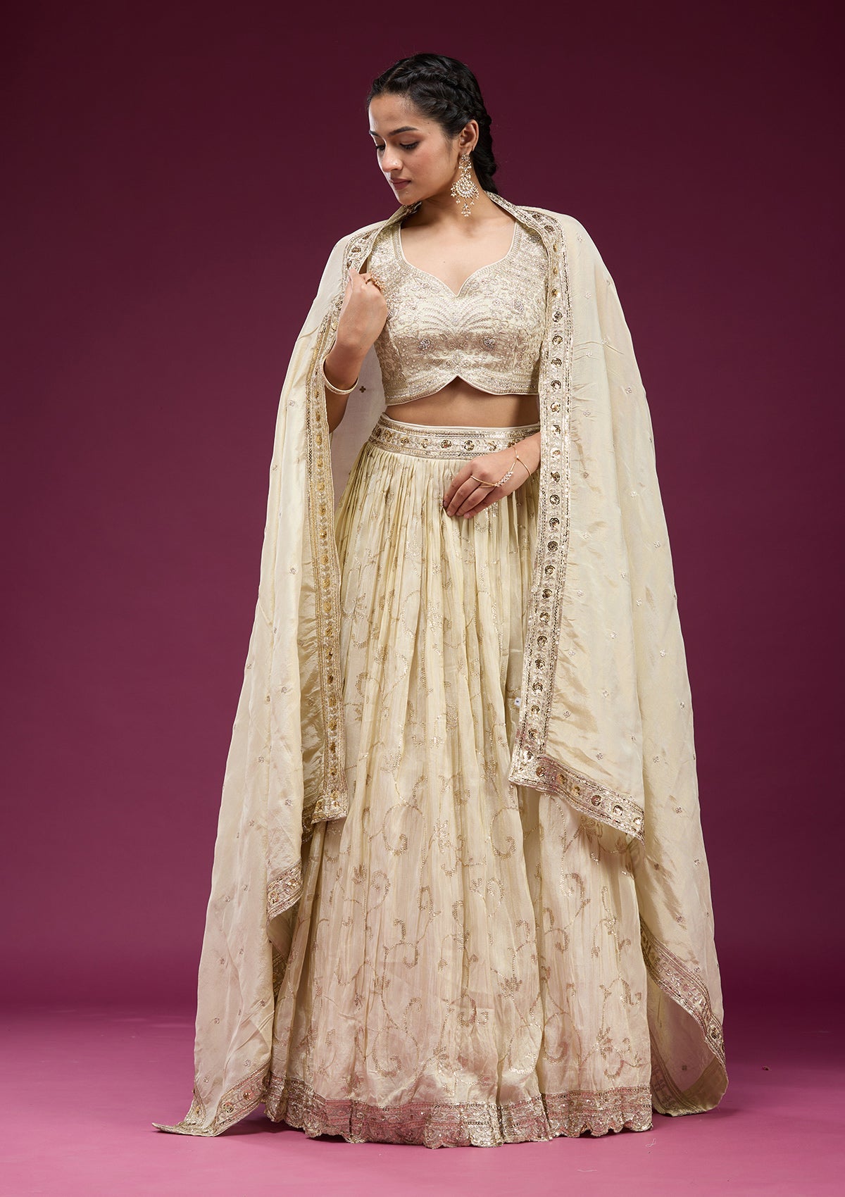 Cream Zariwork Semi Crepe Readymade Lehenga-koskii