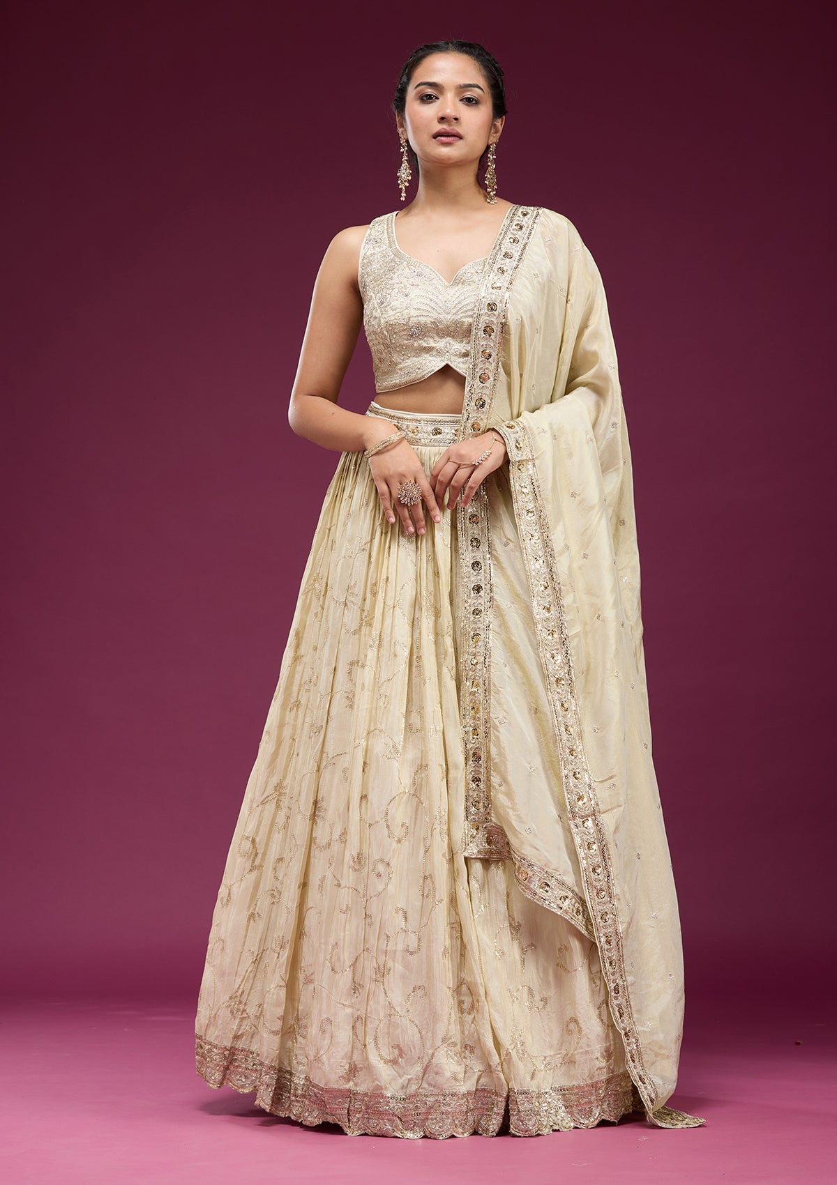 Cream Zariwork Semi Crepe Readymade Lehenga-koskii