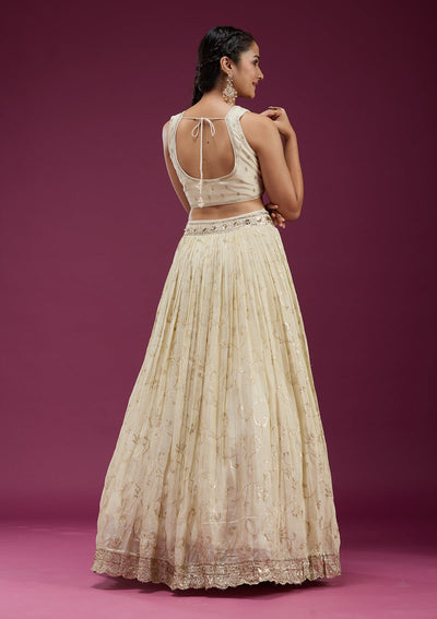 Cream Zariwork Semi Crepe Readymade Lehenga-koskii