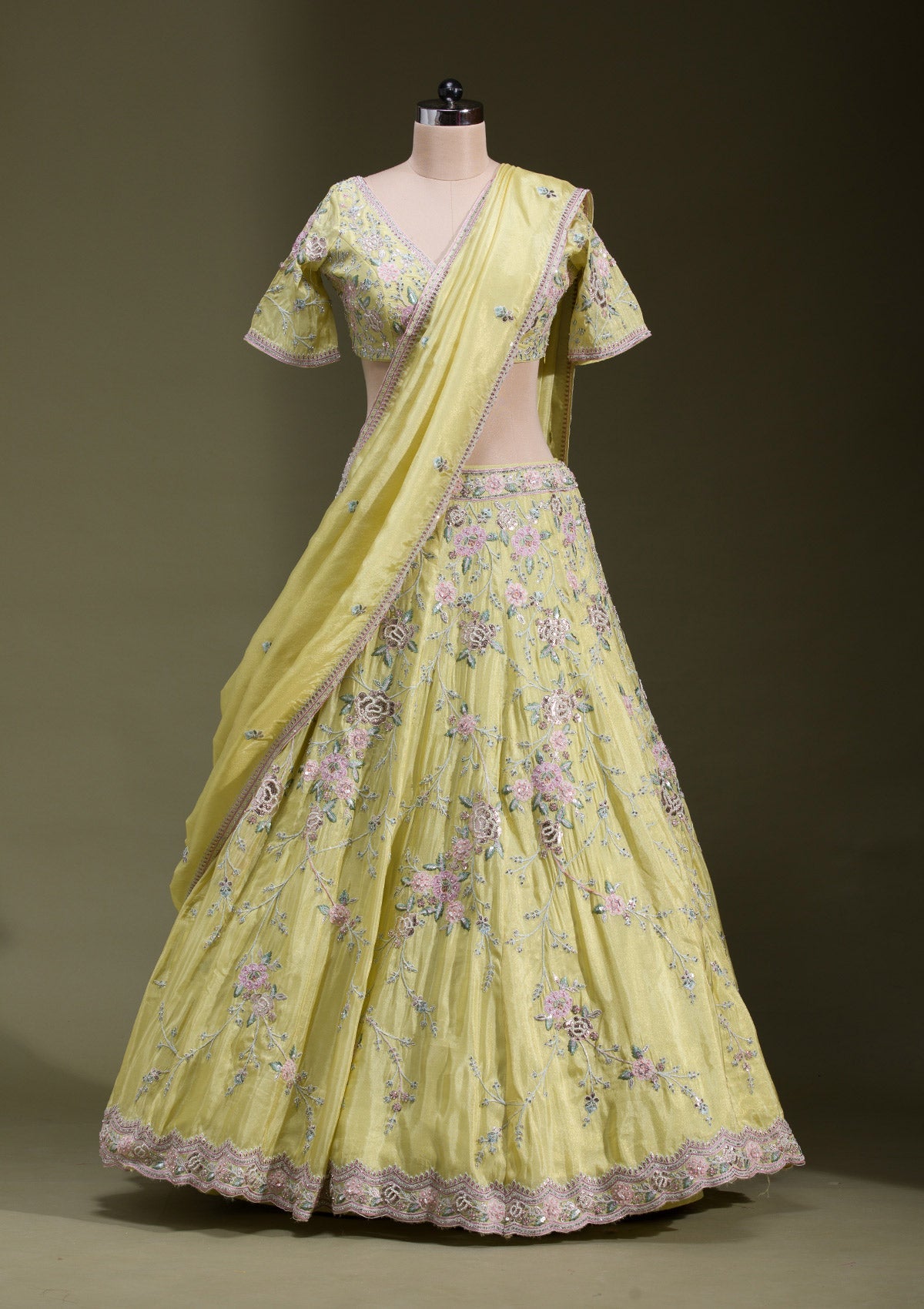 Yellow Zariwork Semi Crepe Readymade Lehenga-koskii