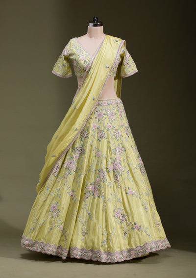 Yellow Zariwork Semi Crepe Readymade Lehenga-koskii