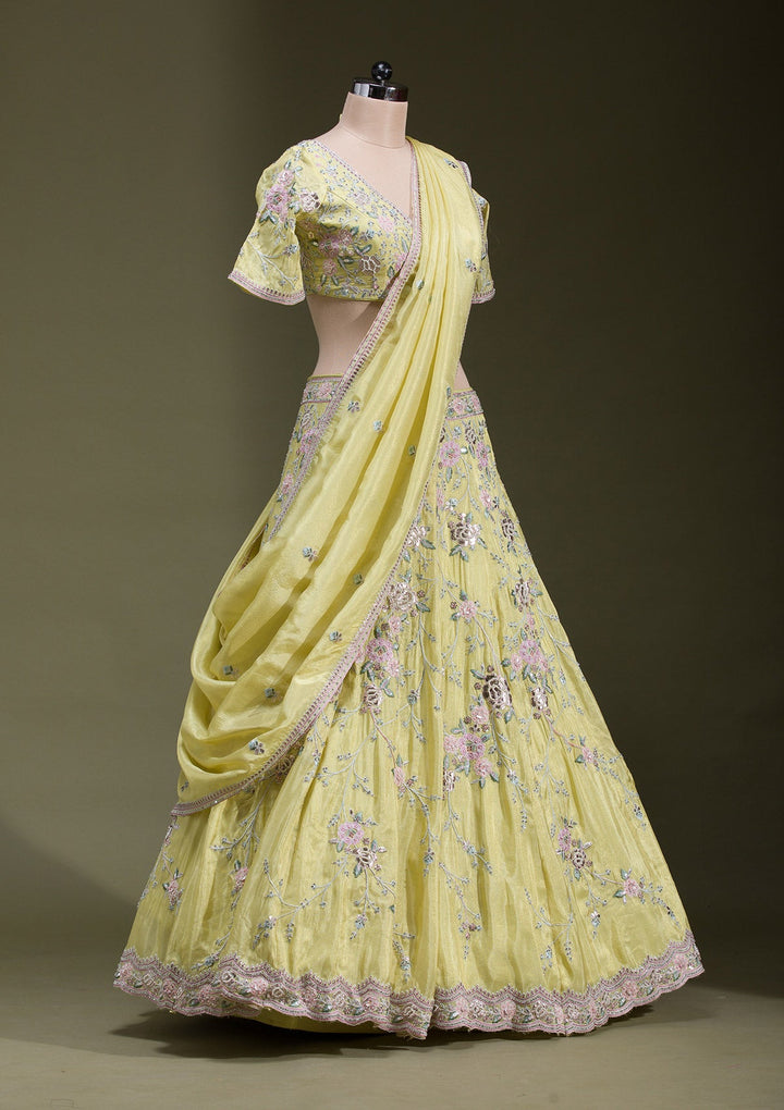 Yellow Zariwork Semi Crepe Readymade Lehenga-koskii