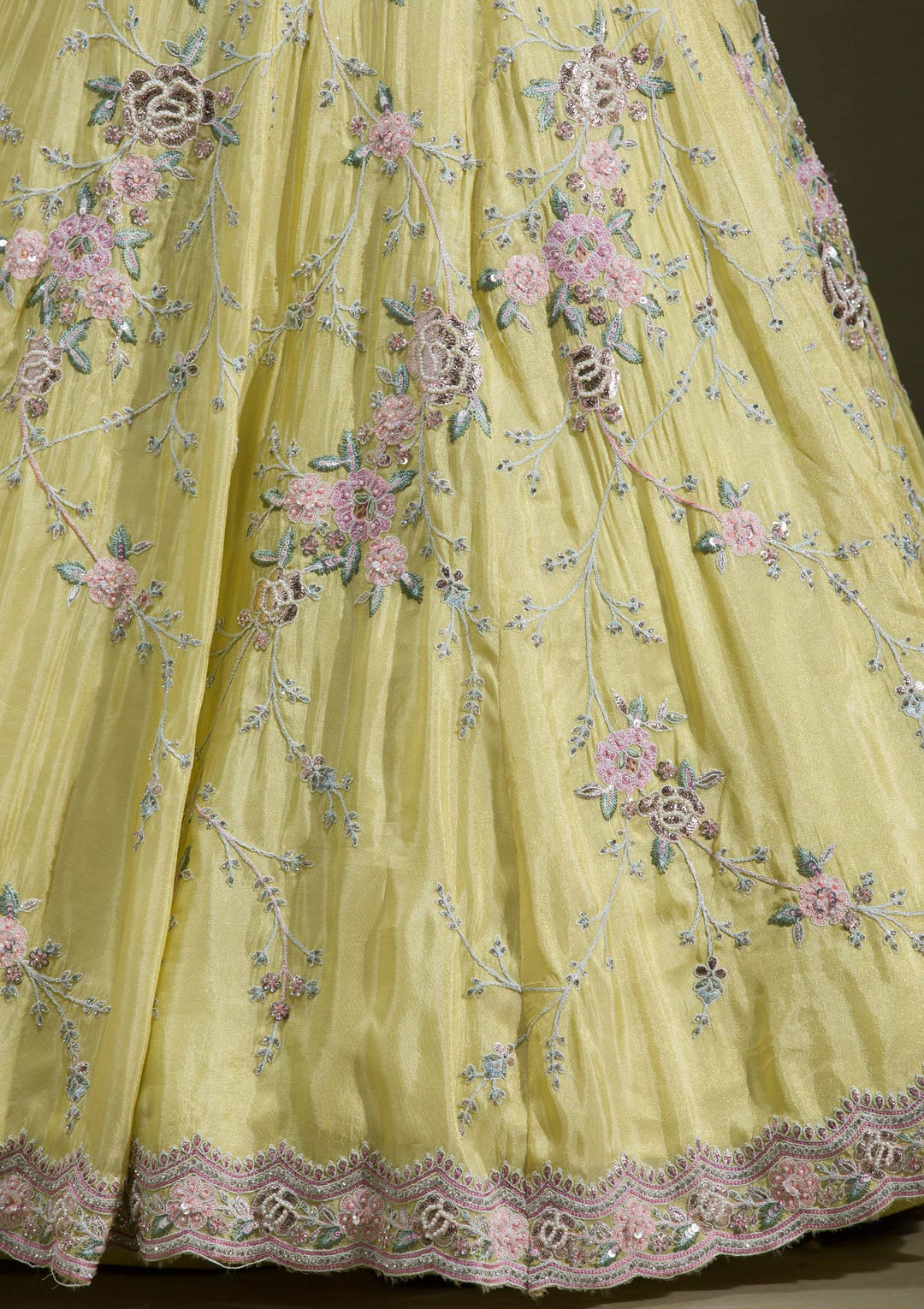 Yellow Zariwork Semi Crepe Readymade Lehenga-koskii
