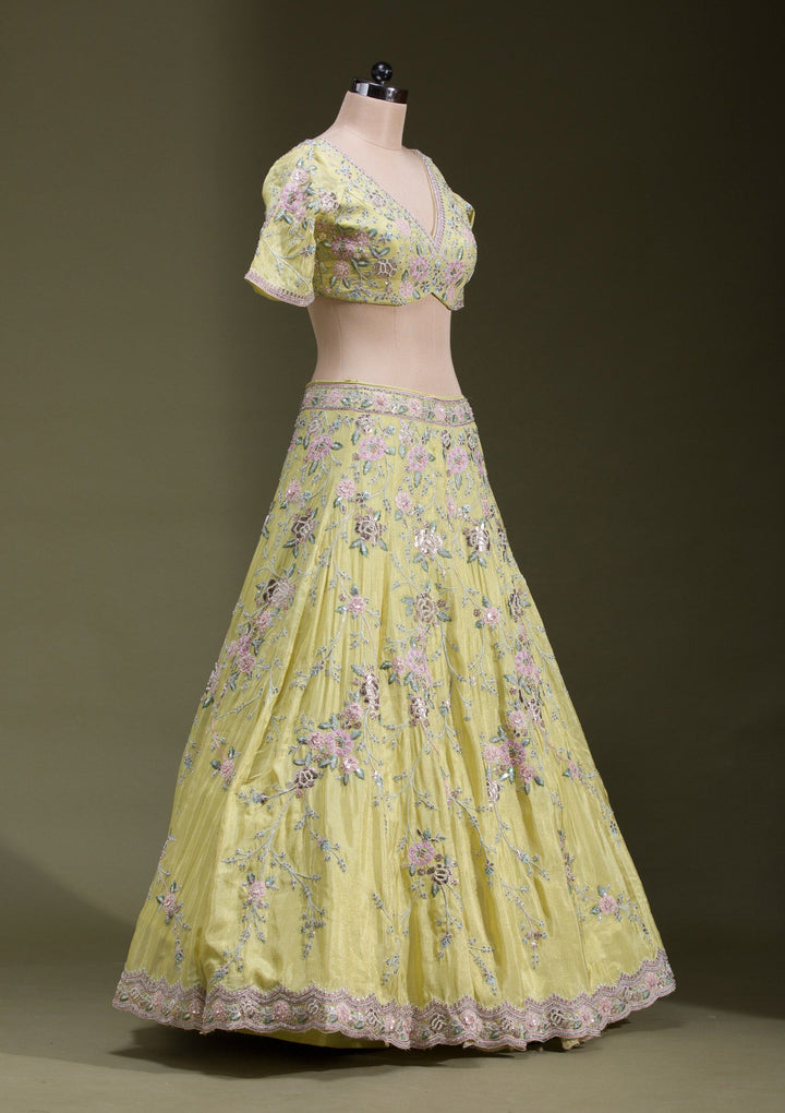 Yellow Zariwork Semi Crepe Readymade Lehenga-koskii