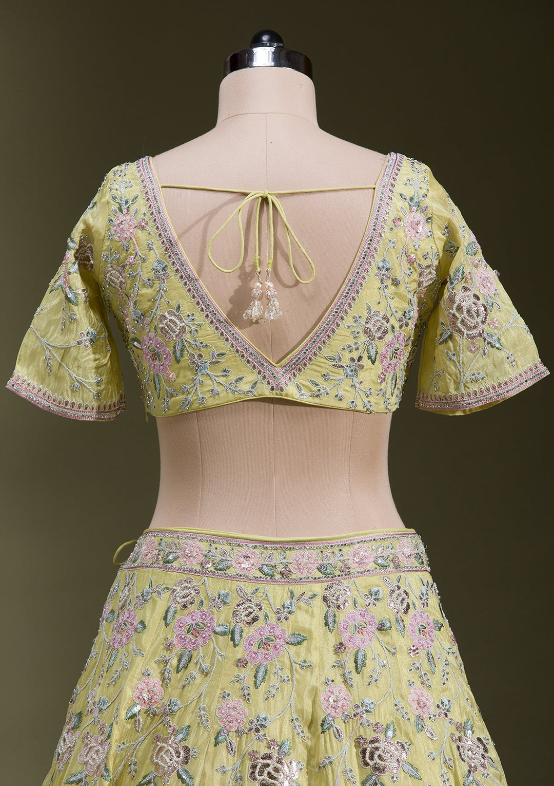 Yellow Zariwork Semi Crepe Readymade Lehenga-koskii