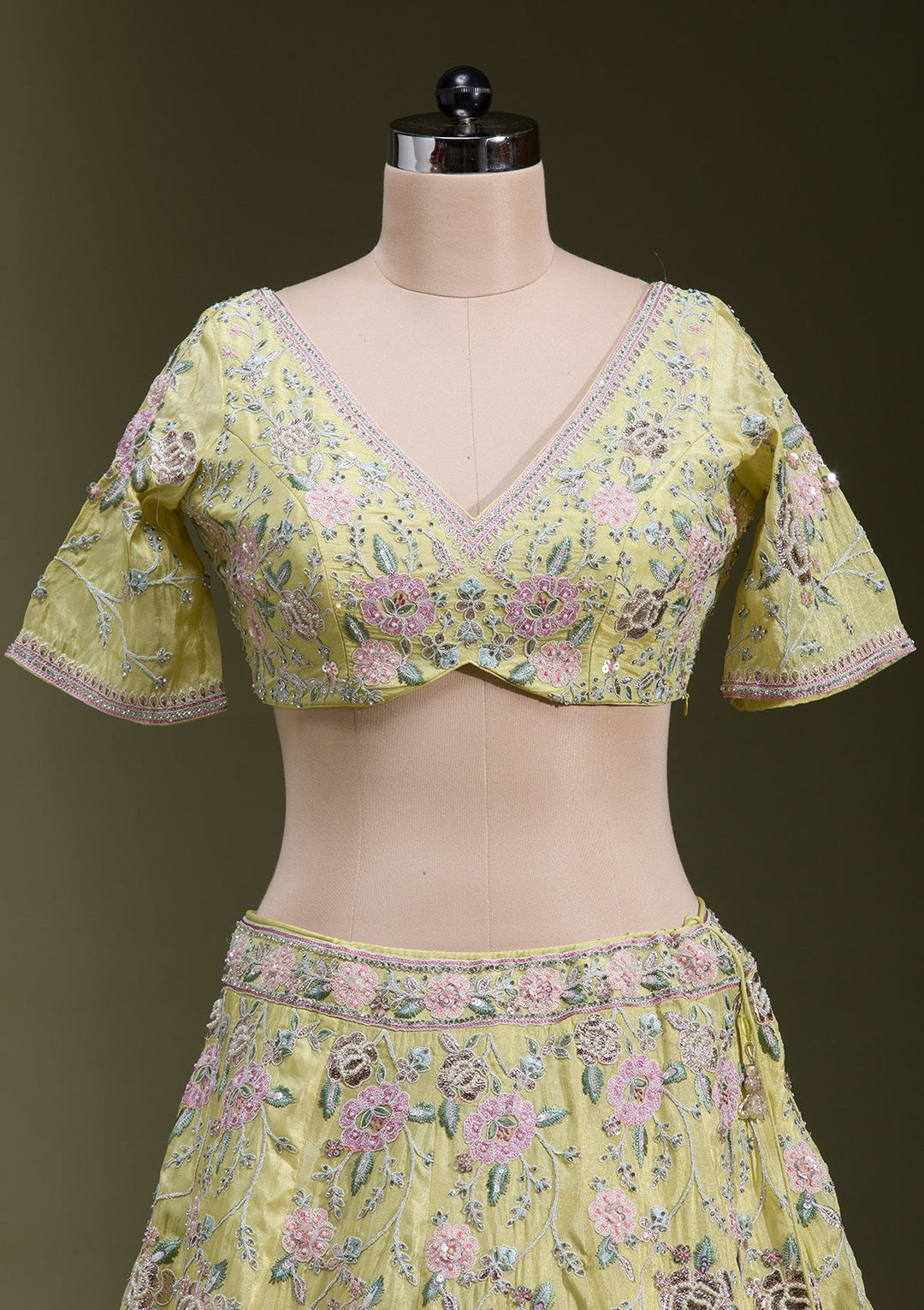 Yellow Zariwork Semi Crepe Readymade Lehenga-koskii