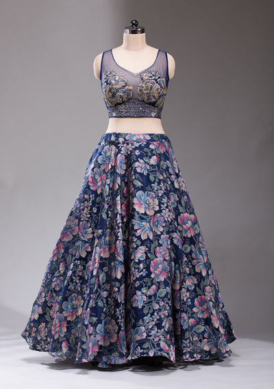 Navy Blue Stonework Tissue Readymade Lehenga-koskii