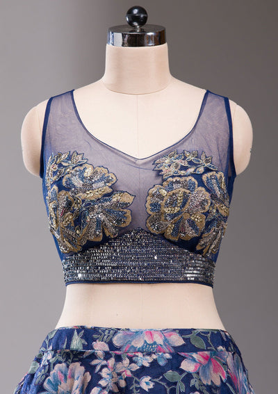 Navy Blue Stonework Tissue Readymade Lehenga-koskii