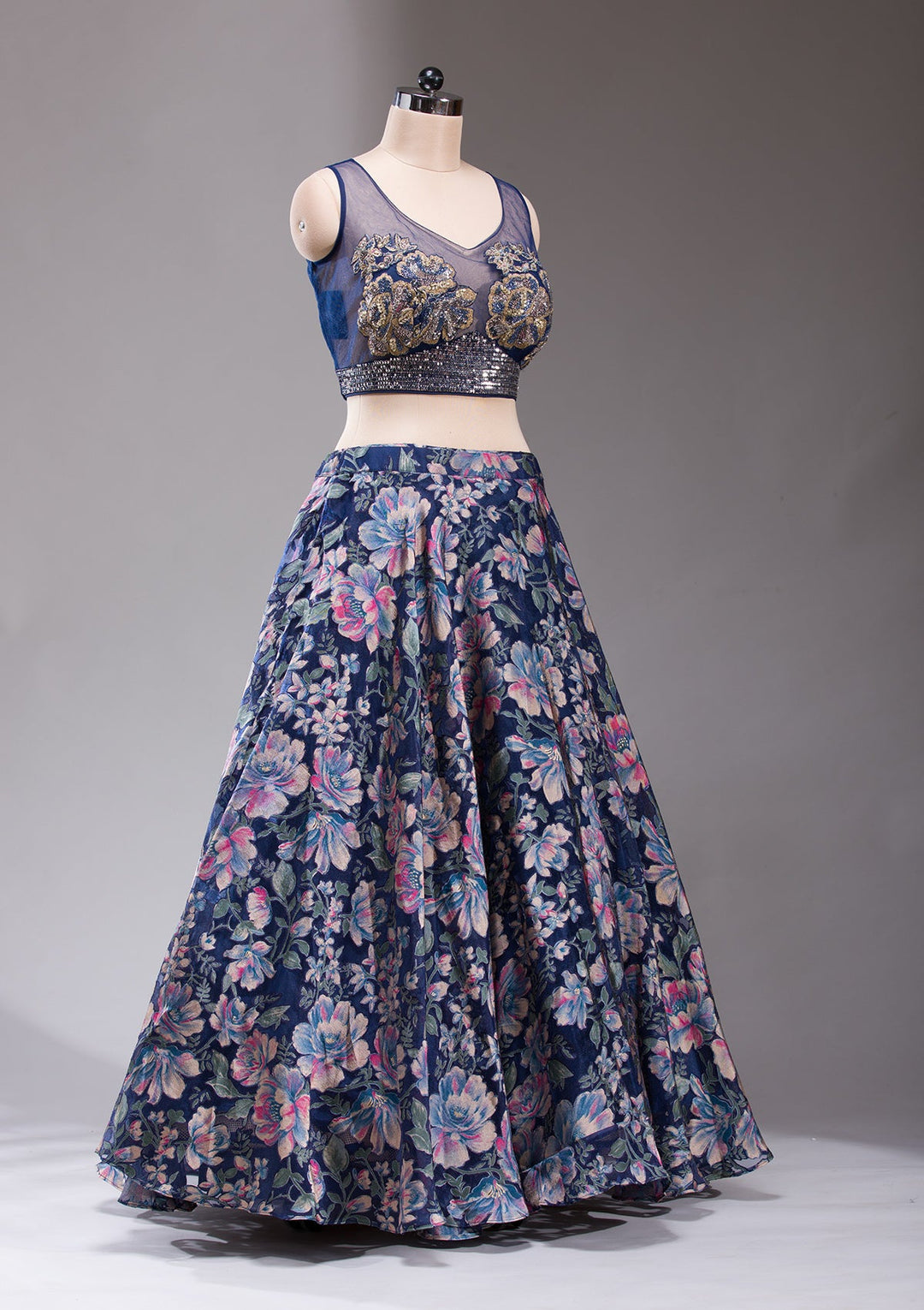 Navy Blue Stonework Tissue Readymade Lehenga-koskii