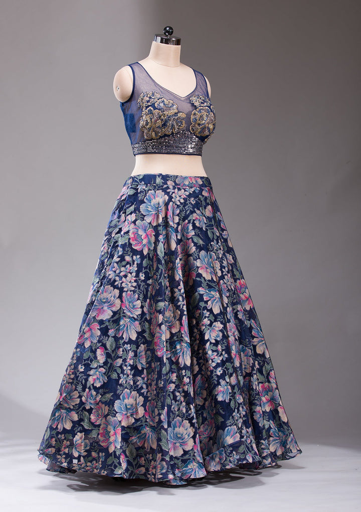 Navy Blue Stonework Tissue Readymade Lehenga-koskii