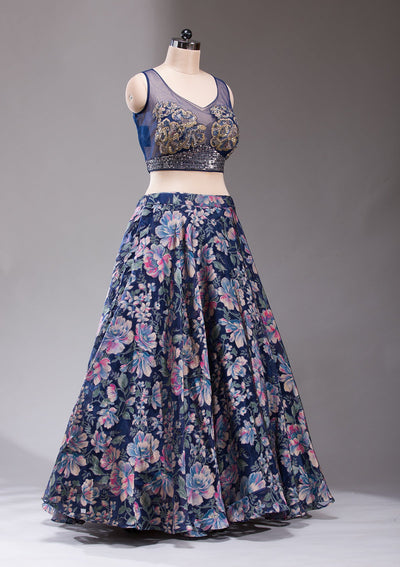 Navy Blue Stonework Tissue Readymade Lehenga-koskii