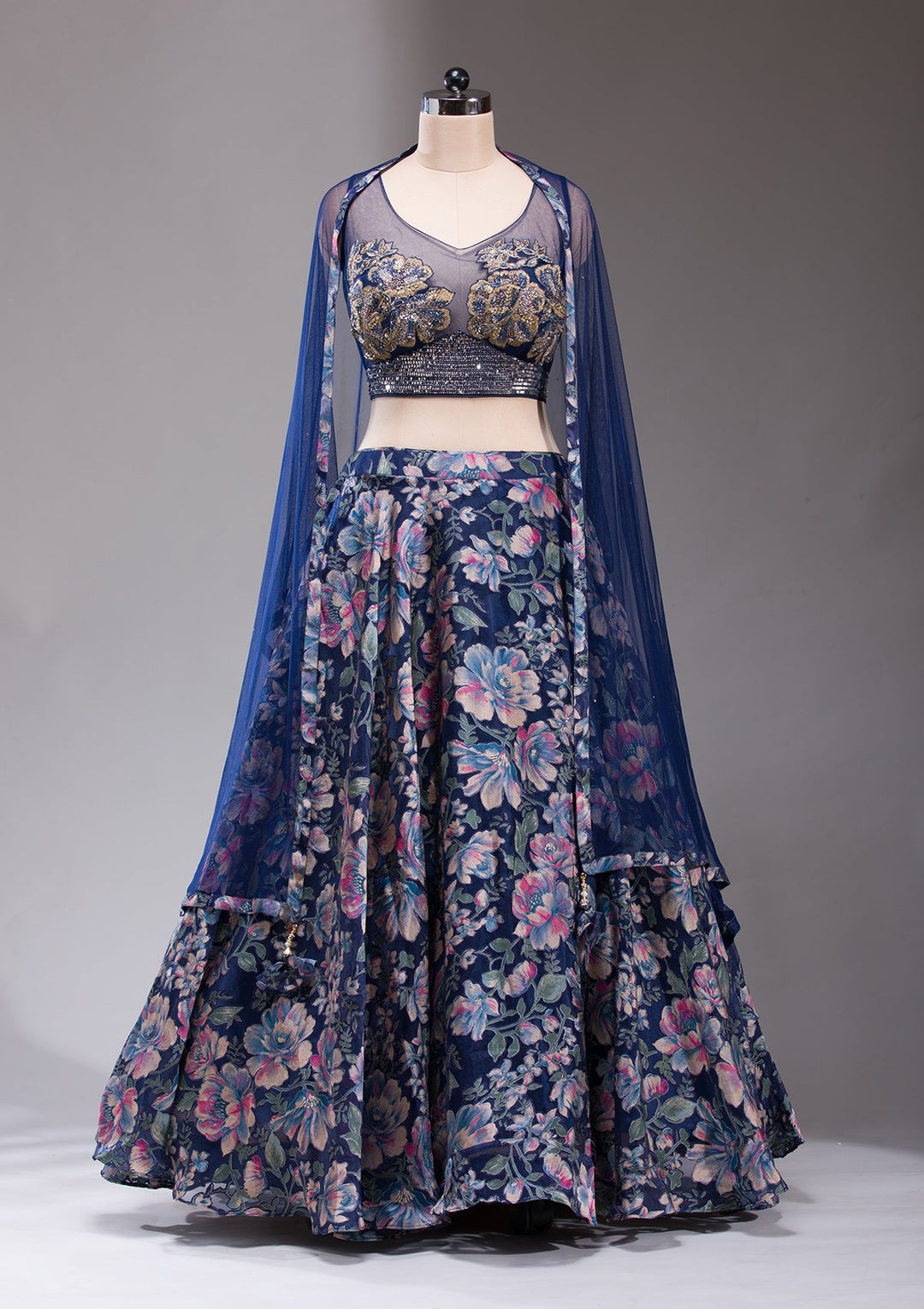 Navy Blue Stonework Tissue Readymade Lehenga-koskii