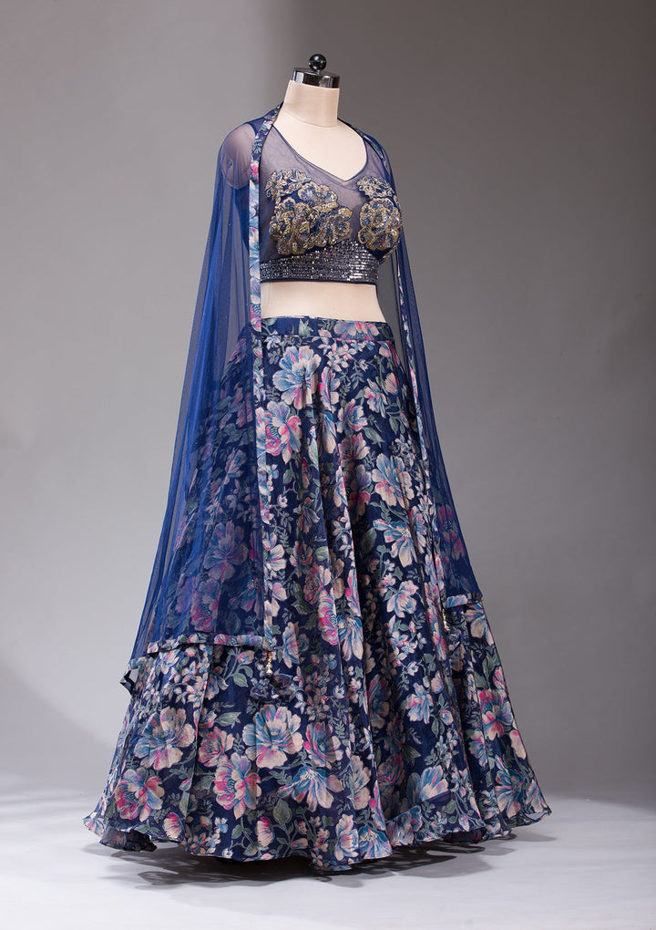 Navy Blue Stonework Tissue Readymade Lehenga-koskii