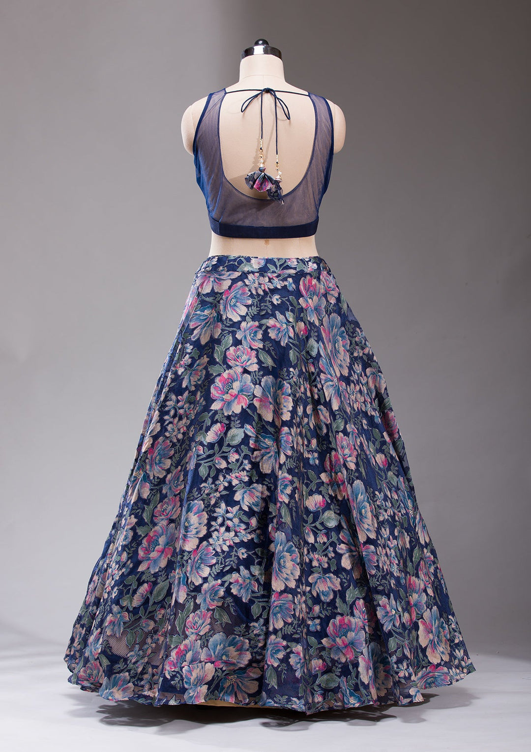 Navy Blue Stonework Tissue Readymade Lehenga-koskii