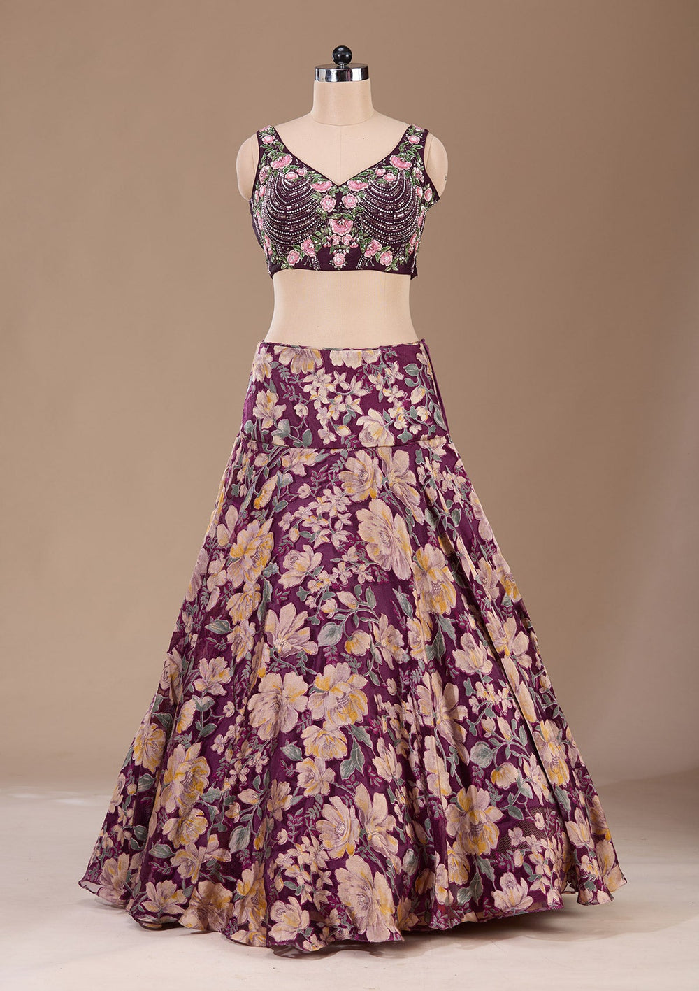 Wine Stonework Tissue Readymade Lehenga-Koskii