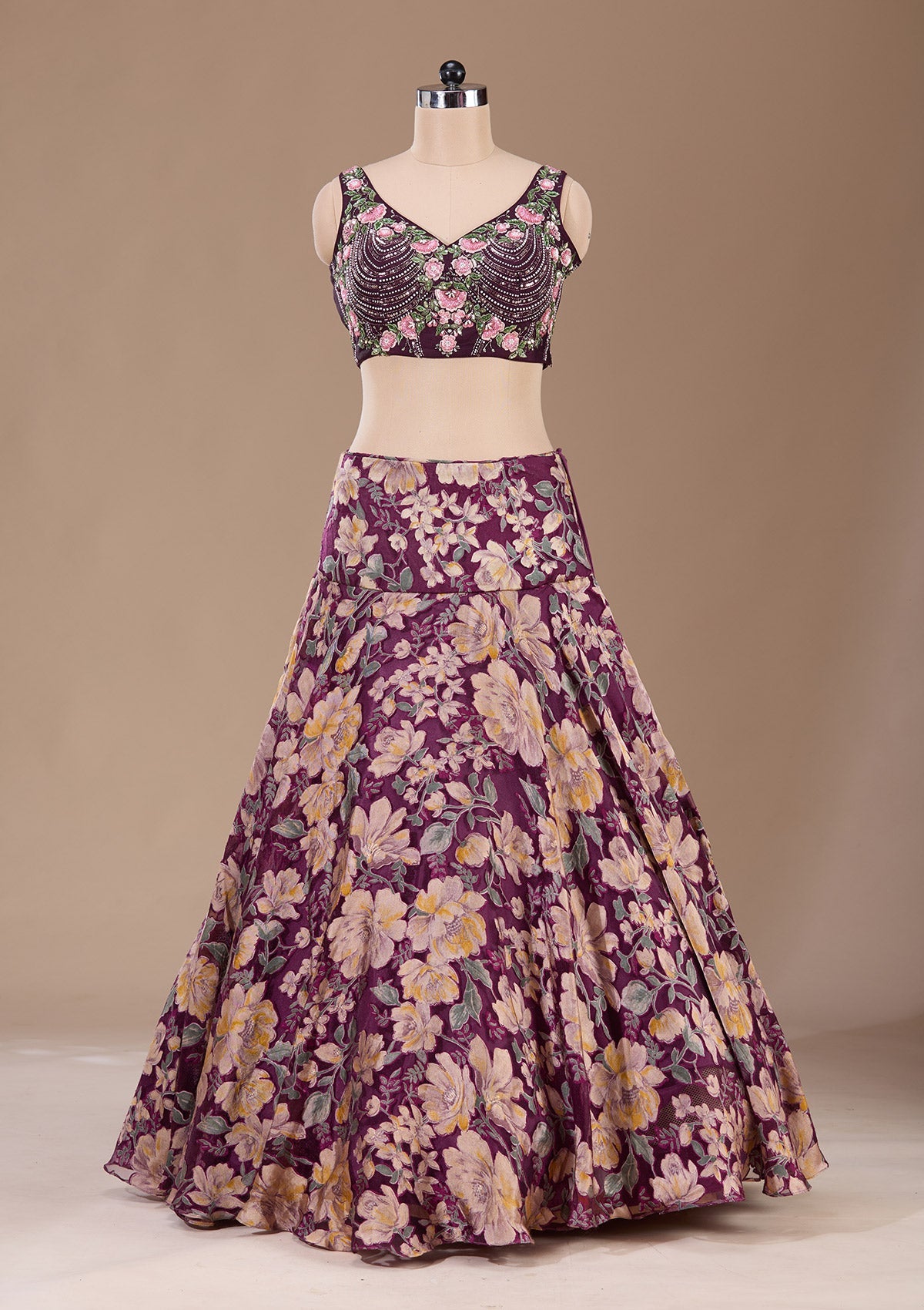 Wine Stonework Tissue Readymade Lehenga-Koskii