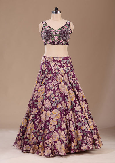 Wine Stonework Tissue Readymade Lehenga-Koskii