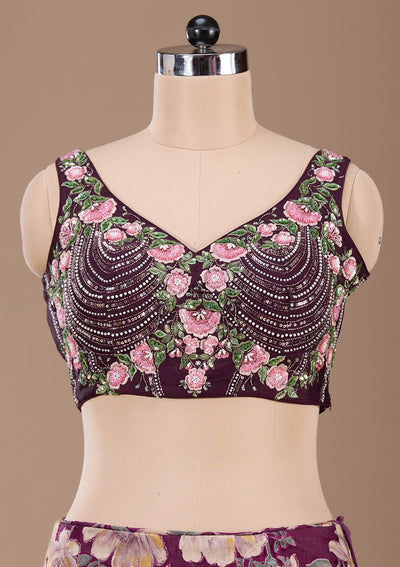 Wine Stonework Tissue Readymade Lehenga-Koskii