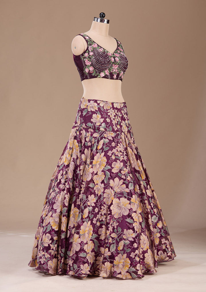 Wine Stonework Tissue Readymade Lehenga-Koskii