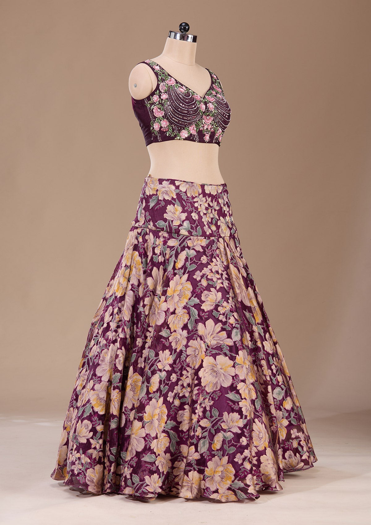 Wine Stonework Tissue Readymade Lehenga-Koskii