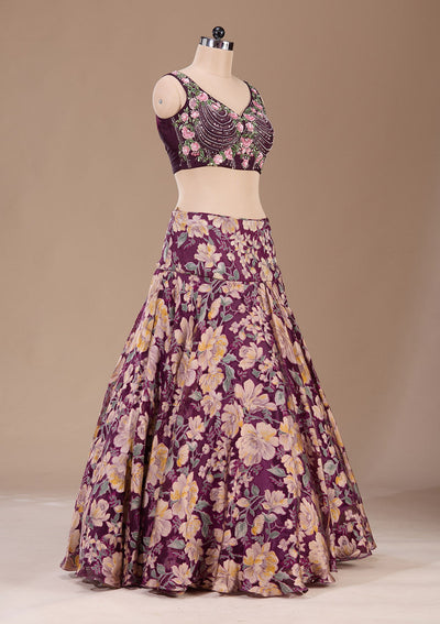 Wine Stonework Tissue Readymade Lehenga-Koskii