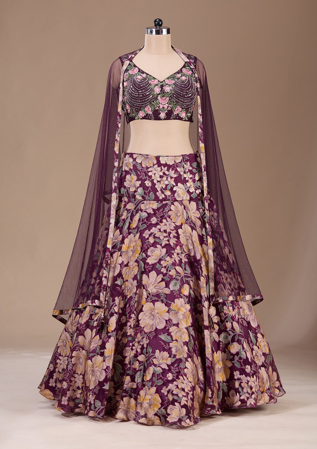 Wine Stonework Tissue Readymade Lehenga-Koskii