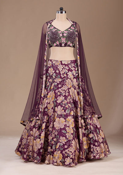 Wine Stonework Tissue Readymade Lehenga-Koskii