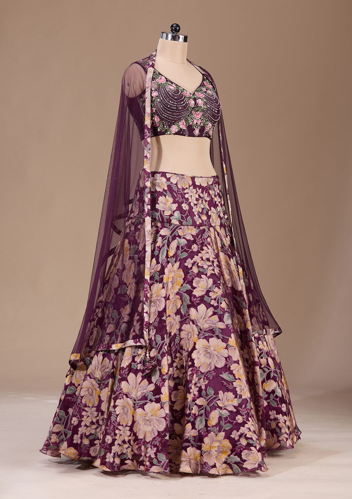 Wine Stonework Tissue Readymade Lehenga-Koskii