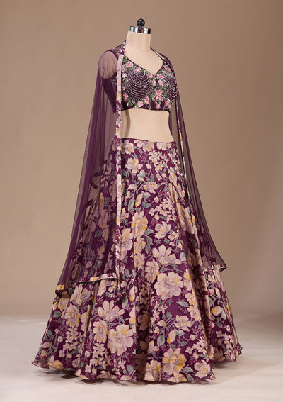Wine Stonework Tissue Readymade Lehenga-Koskii