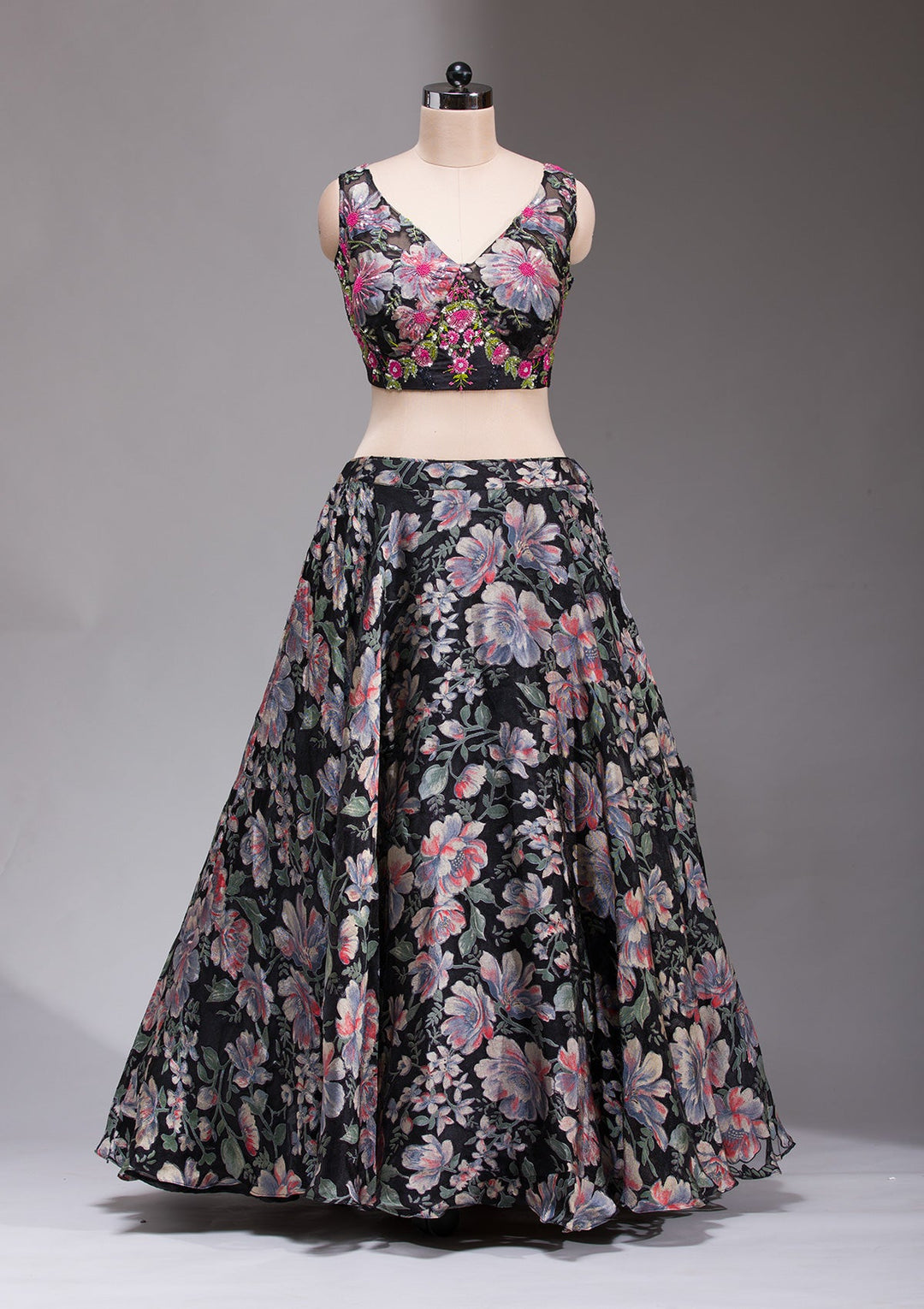 Black Stonework Tissue Readymade Lehenga-koskii