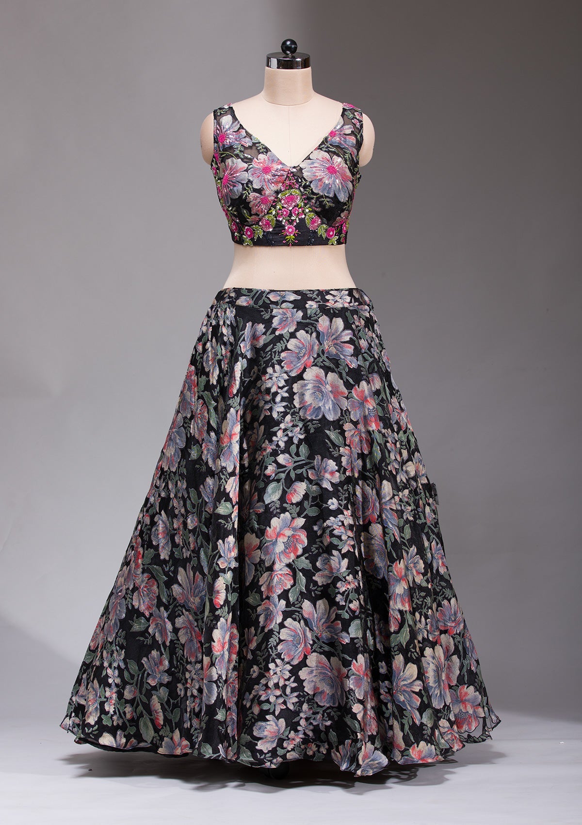Black Stonework Tissue Readymade Lehenga-koskii