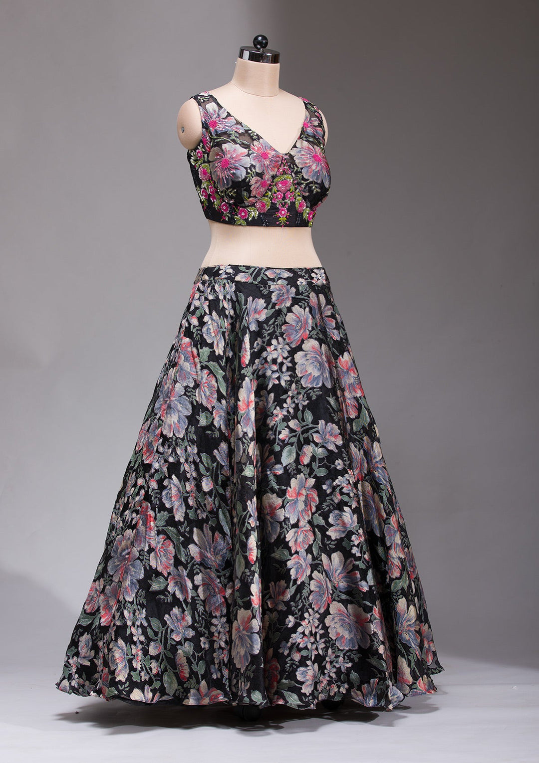 Black Stonework Tissue Readymade Lehenga-koskii
