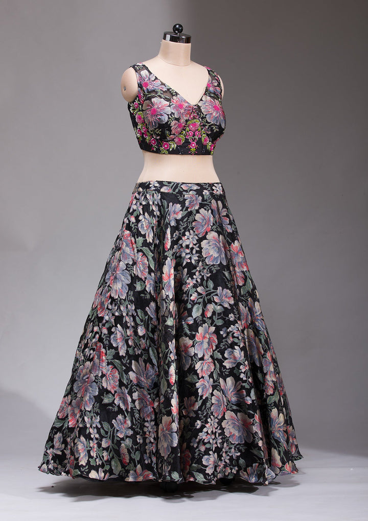 Black Stonework Tissue Readymade Lehenga-koskii