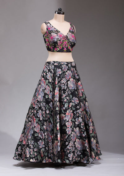 Black Stonework Tissue Readymade Lehenga-koskii