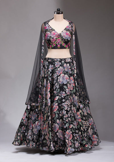 Black Stonework Tissue Readymade Lehenga-koskii