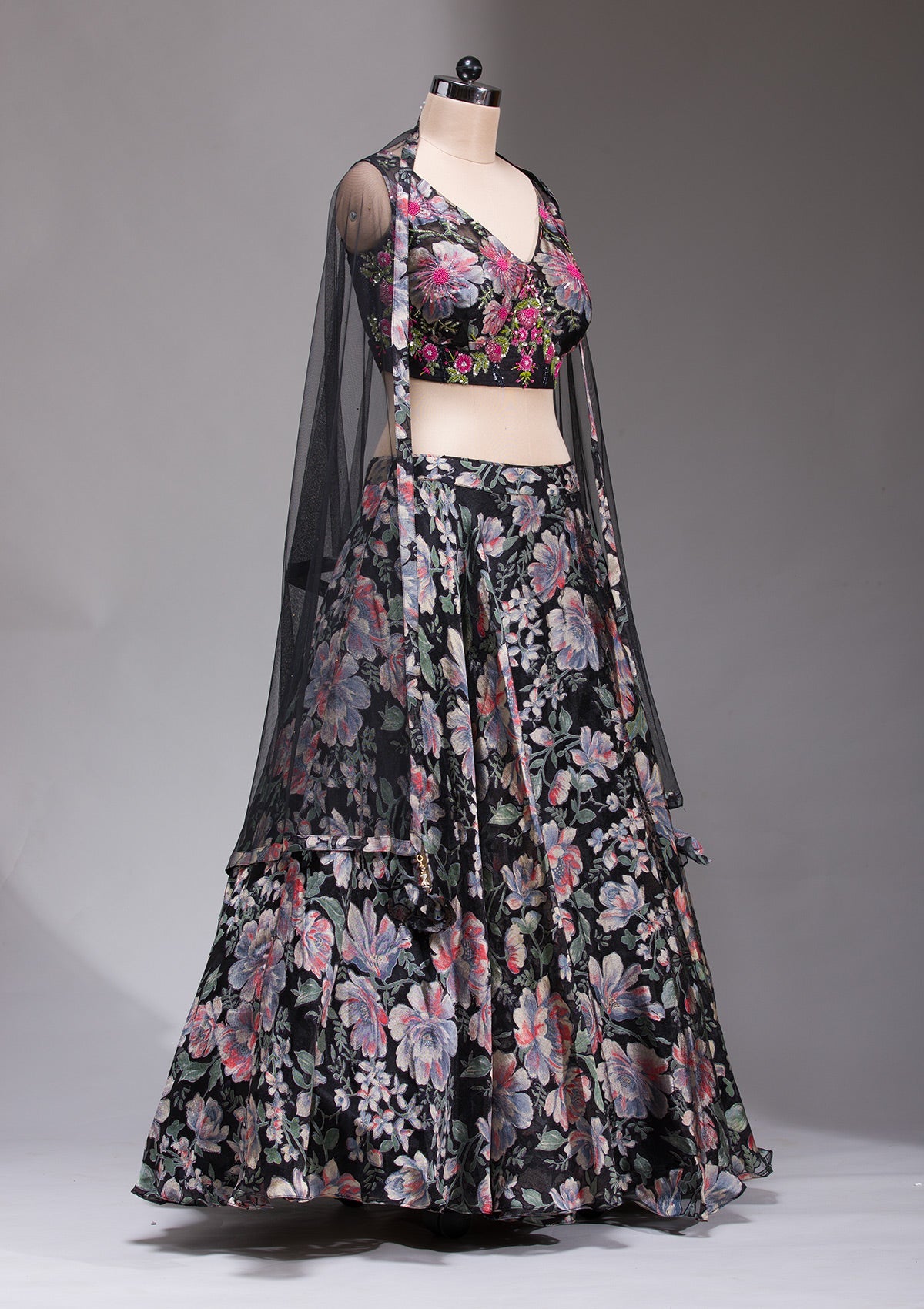 Black Stonework Tissue Readymade Lehenga-koskii